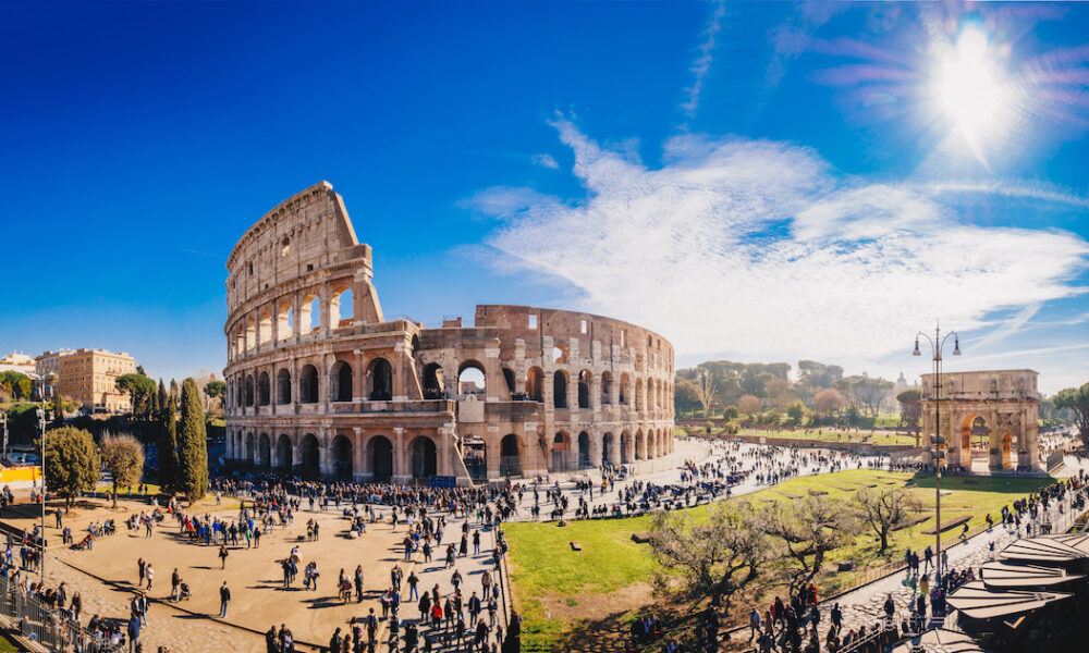 The Roman Colosseum (Coloseum) in Rome, Italy wide panoramic view