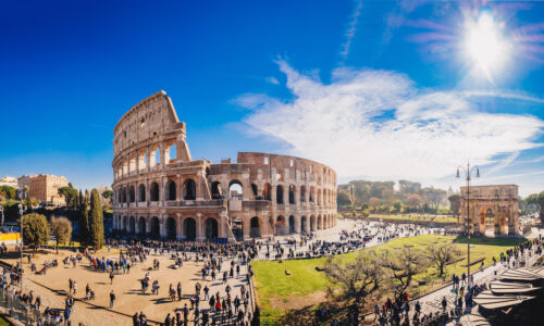 The Roman Colosseum (Coloseum) in Rome, Italy wide panoramic view